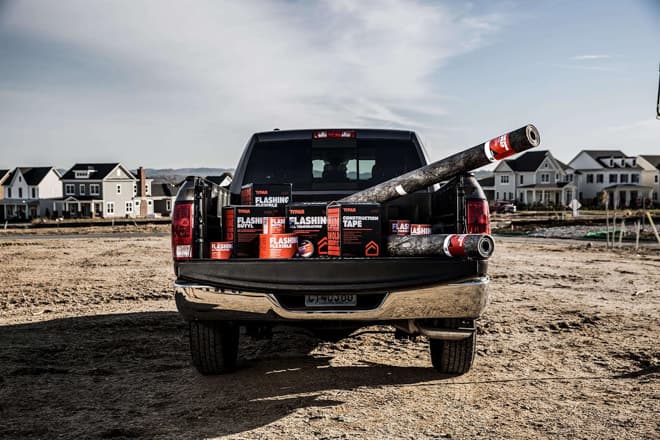 TYPAR house wrap, flashings, and tapes in a truck bed 